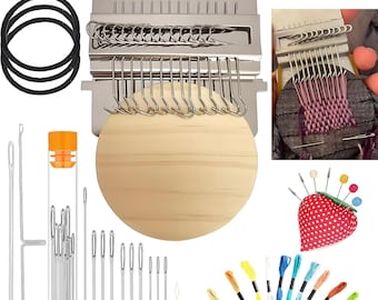 Speedweve Darning Loom Kit, Wooden 14-Hook Mini Weaving Loom with Needles & Threads for Quick Clothing Repair, DIY Craft and Visible Mending