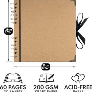 May include: A brown kraft paper scrapbook with a spiral binding and black ribbon closure. The scrapbook measures 8.26 inches (21 cm) in width and height. It contains 60 pages of acid-free 200 GSM kraft paper.
