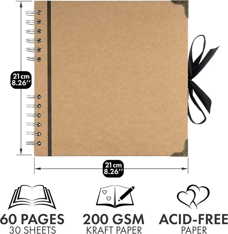 May include: A brown kraft paper scrapbook with a spiral binding and black ribbon closure. The scrapbook measures 8.26 inches (21 cm) in width and height. It contains 60 pages of acid-free 200 GSM kraft paper.
