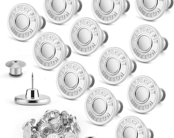 Instant Metal Jean Buttons, Adjustable Waist Tightener, No Sew Replacement (12 Sets)
