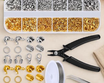 1203Pcs Jewelry Making Supplies Kit, Crimp Beads, Tubes, Covers, Clasps, Jump Rings, Pliers & Beading Wire for Bracelet Making
