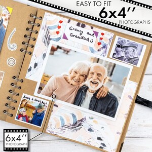 May include: A spiral-bound scrapbook with a kraft paper cover, designed to hold 6x4 inch photographs. The album features photos of an elderly couple, with the text "Granny and Grandad" and "Such a lovely day!" on the pages. The album is open, displaying several photos.