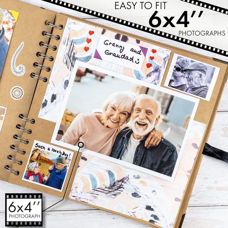 May include: A spiral-bound scrapbook with a kraft paper cover, designed to hold 6x4 inch photographs. The album features photos of an elderly couple, with the text "Granny and Grandad" and "Such a lovely day!" on the pages. The album is open, displaying several photos.