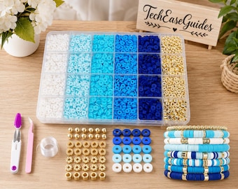 Blue Clay Bead Bracelet Kit, Heishi Beads, Flat Polymer Clay Beads, Gold Spacer Beads, DIY Friendship Bracelet Making Kit Gift