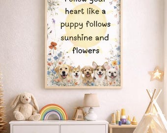 Welpe Kinderzimmer Wand Kunst | Hunde Blumendruck für Kinder (20×30” Digital Download)