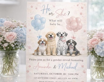 Gender Reveal Einladung Hund Themed, Digital Gender Party Laden Sie Hunde ein, unser Rudel wächst