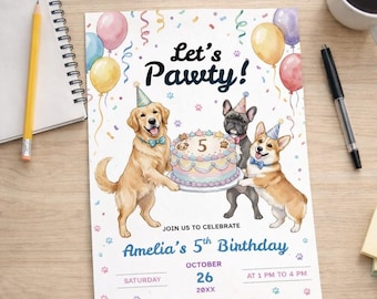 Lassen Sie uns Pawty Hund Thema Digitale Einladung I Kindergeburtstag-Party Welpe Thema