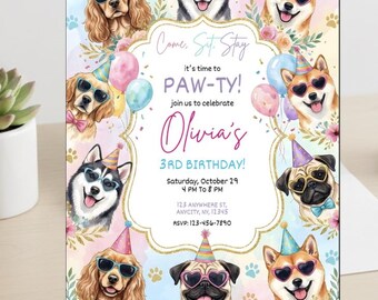 Hund Geburtstags-Party Einladung kommen sitzen bleiben I Kinderwelpen-Geburtstag einladen
