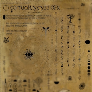 May include: Aged parchment with stylized text and symbols. The page features a central sunburst design, geometric shapes, and a skull. The text includes the phrase "CO TUQH, Y CYTI OEK".