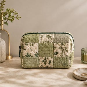 Puede incluir: Un neceser acolchado con un diseño de patchwork en tonos verdes y crema. La bolsa tiene cierre de cremallera y está decorada con motivos florales y de escritura. La bolsa es rectangular y está sobre una superficie clara.