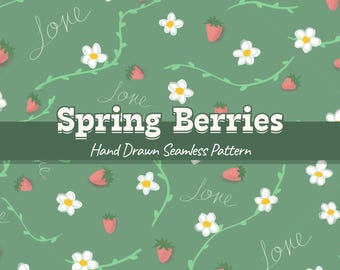 ¡Estampado primaveral sin costuras con fresas, flores y enredaderas!