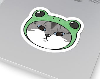 Grey Cat Frog Bonnet Sticker | Whimsical Animal Decal (Kiss-Cut)