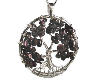 Garnet Tree of Life  Sterling Silver Pendant Necklace