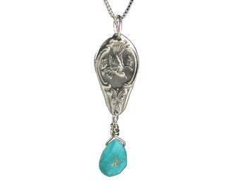 Sterling Spoon Bird Pendant with Turquoise, Recycled Sterling Silver Bird Spoon  Necklace OOAK