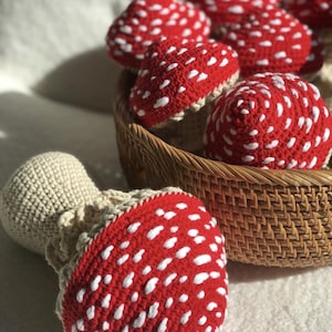 May include: A collection of handmade crochet mushrooms. The mushrooms have red caps with white spots and beige stems. Some are in a woven basket, while others are placed on a white surface. The mushrooms vary in size and shape.
