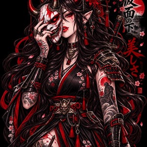 May include: A digital illustration of a long-haired figure wearing black and red samurai-inspired armour with floral patterns. The figure holds a white and red oni mask over their face. Japanese text is visible on the right side of the image.