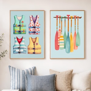 Colorful Life Jacket Oars Print Set: Retro Lake Life Wall Art, Kid's Room Nursery Decor, Lakehouse Teal Blue Printable (Digital Download)
