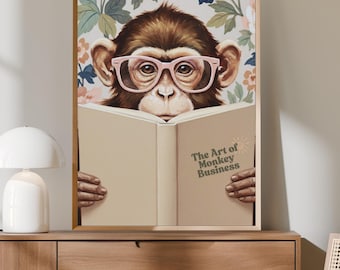 Motivational Monkey Reading Print: Funny Animal Wall Art, Book Lovers Artwork, Reading Nook Decor Printable (Digital Download)