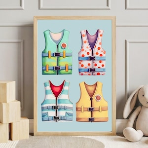 Colorful Life Jacket Print: Retro Lake Life Wall Art, Girl's Room Nursery Decor,  Life Preserver Floaty Teal Printable (Digital Download)