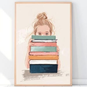 Meisje met boeken aquarel muurafdruk, pastel boekenhoek kunst, portret boekenliefhebber, digitale downloadafbeelding, speelkamer, bibliotheek of studeerkamer