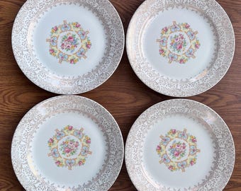 Juego de 4 platos llanos vintage de porcelana Royal China / Centro floral, borde de oro de 22 quilates