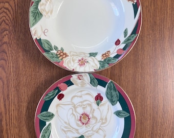 天山マグノリア高級磁器スープボウル＆サラダプレート – ヴィンテージフローラル食器の交換品