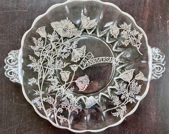 Silver City Flanders 25th Anniversary Sterling Overlay Glass Cake Plate | Wedding Anniversary Gift