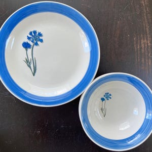 Gibson Everyday Blue Floral Dinnerware | Blue Rim Cornflower Pattern | Dinner Plate or Soup Bowl | Discontinued Cottagecore Tableware