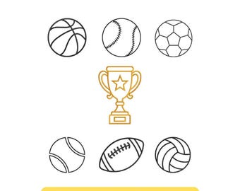 Conjunto de Bordados com Bolas Esportivas – Basquete, Beisebol, Futebol e Troféu – Presente Esportivo Infantil – Arquivo para Máquina de Bordar