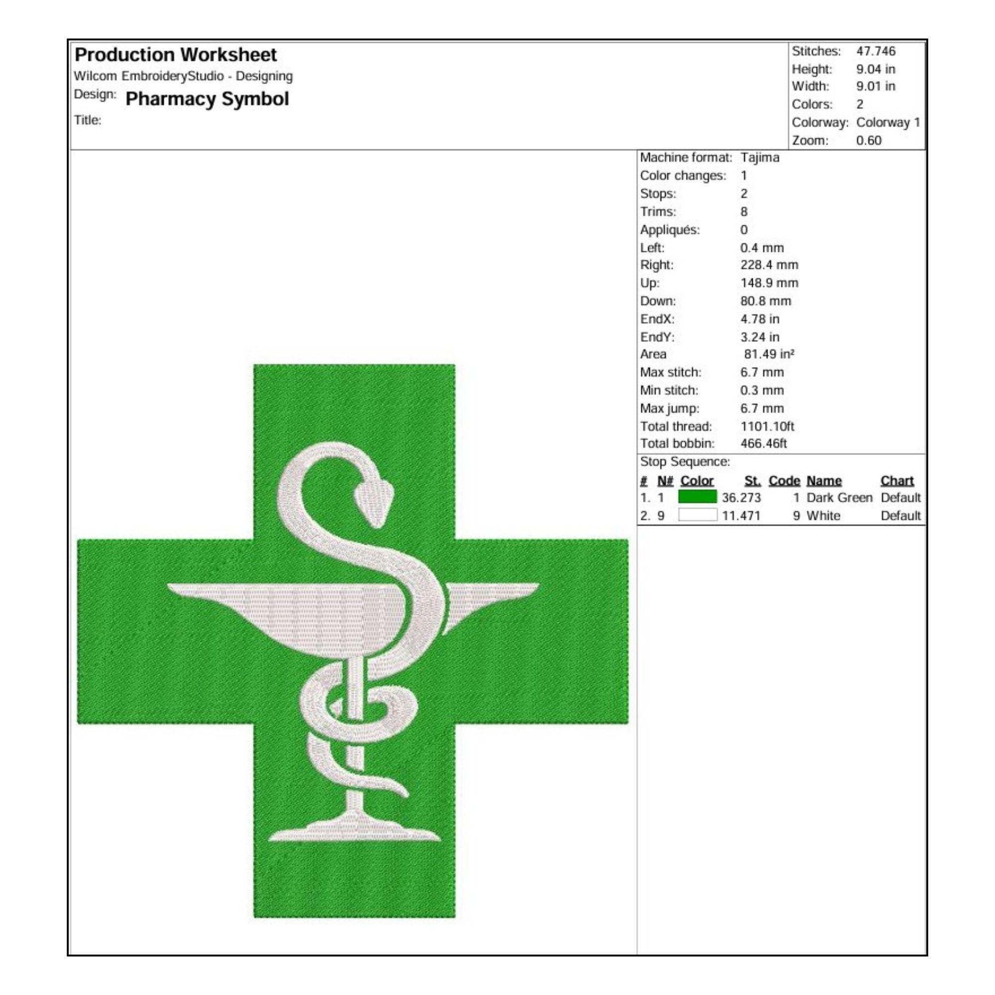 Pharmacy Symbol Embroidery Design – Green Cross Bowl & Snake Emblem ...