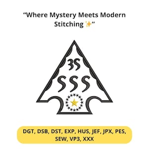 May include: A black and white logo with the text "Where Mystery Meets Modern Stitching". The logo is a black triangle with the numbers "3S" and "SSS" inside. A yellow star is in the center. Below the logo is a yellow rectangle with text.