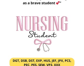 Desenho de bordado para estudante de enfermagem – Estetoscópio com laço rosa (Download digital)