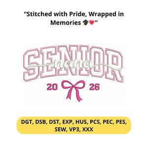 Diseño de bordado para graduados de 2026: Letras universitarias con lazo, archivo de puntadas para ropa de graduación.