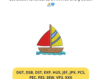 Red Mini sailboat embroidery files for kids beach style machine file