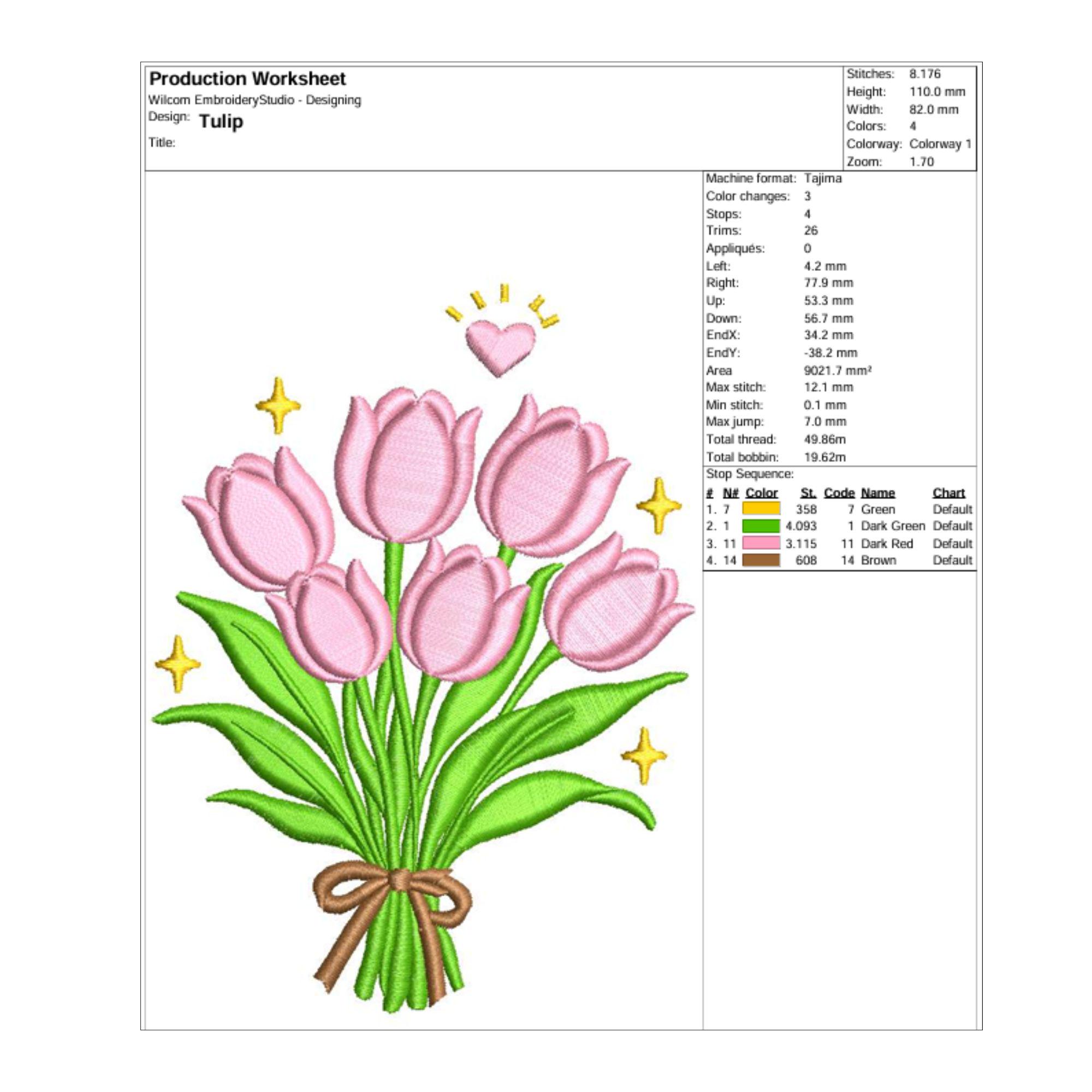 Pink Tulip Flower With Ribbon Embroidery Design for Mom Watercolor ...