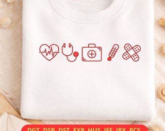 Nurse Icon Embroidery File – Heartbeat, Stethoscope, First Aid Kit Style for sweatshirt (DST PES File)