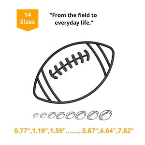 May include: A black and white line art illustration of an American football with laces and stripes. The text reads 14 Sizes, From the field to everyday life, and lists measurements from 0.77 inches to 7.82 inches below a row of smaller football icons.
