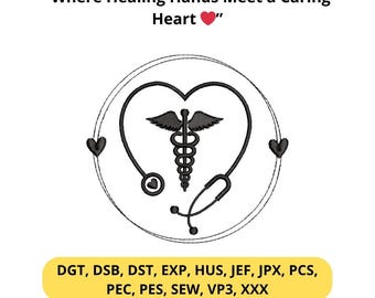 Desenho de bordado de estetoscópio em forma de coração com caduceu – Arquivo para máquina de bordado com símbolo médico
