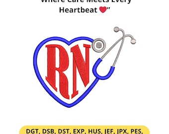 Stethoscope Embroidery Design File, RN Heart Style for Professional Nurse Gift (PES DST File)