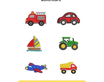 Mini Transportation Vehicle Embroidery Design Bundle – Car, Fire Truck, Tractor & Airplane Set, Kids Machine Embroidery Files