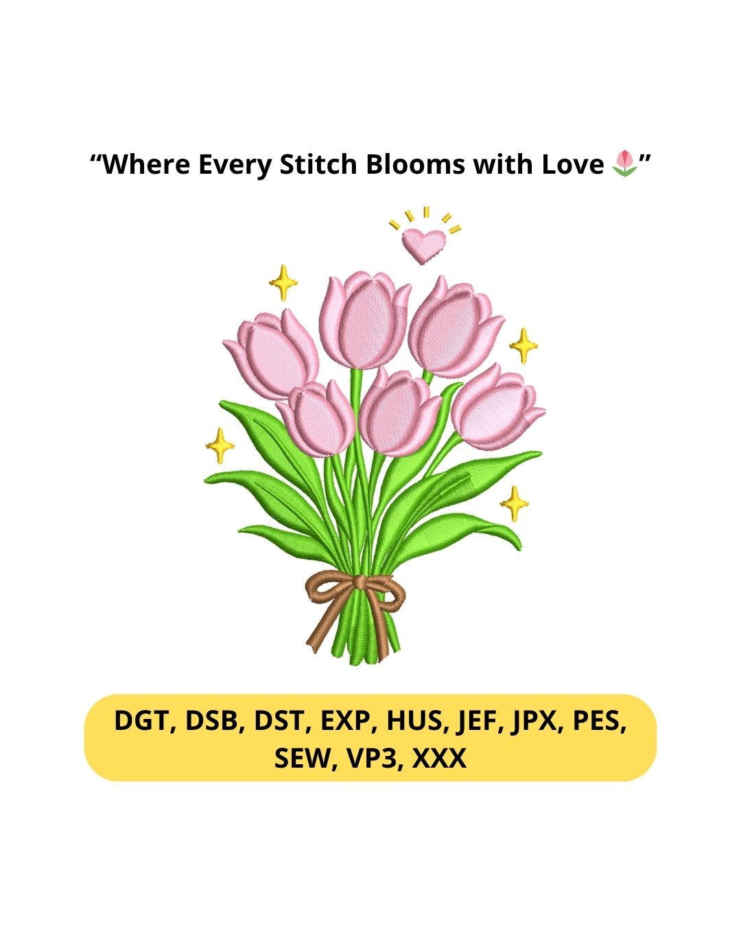 Pink Tulip Flower With Ribbon Embroidery Design for Mom Watercolor ...