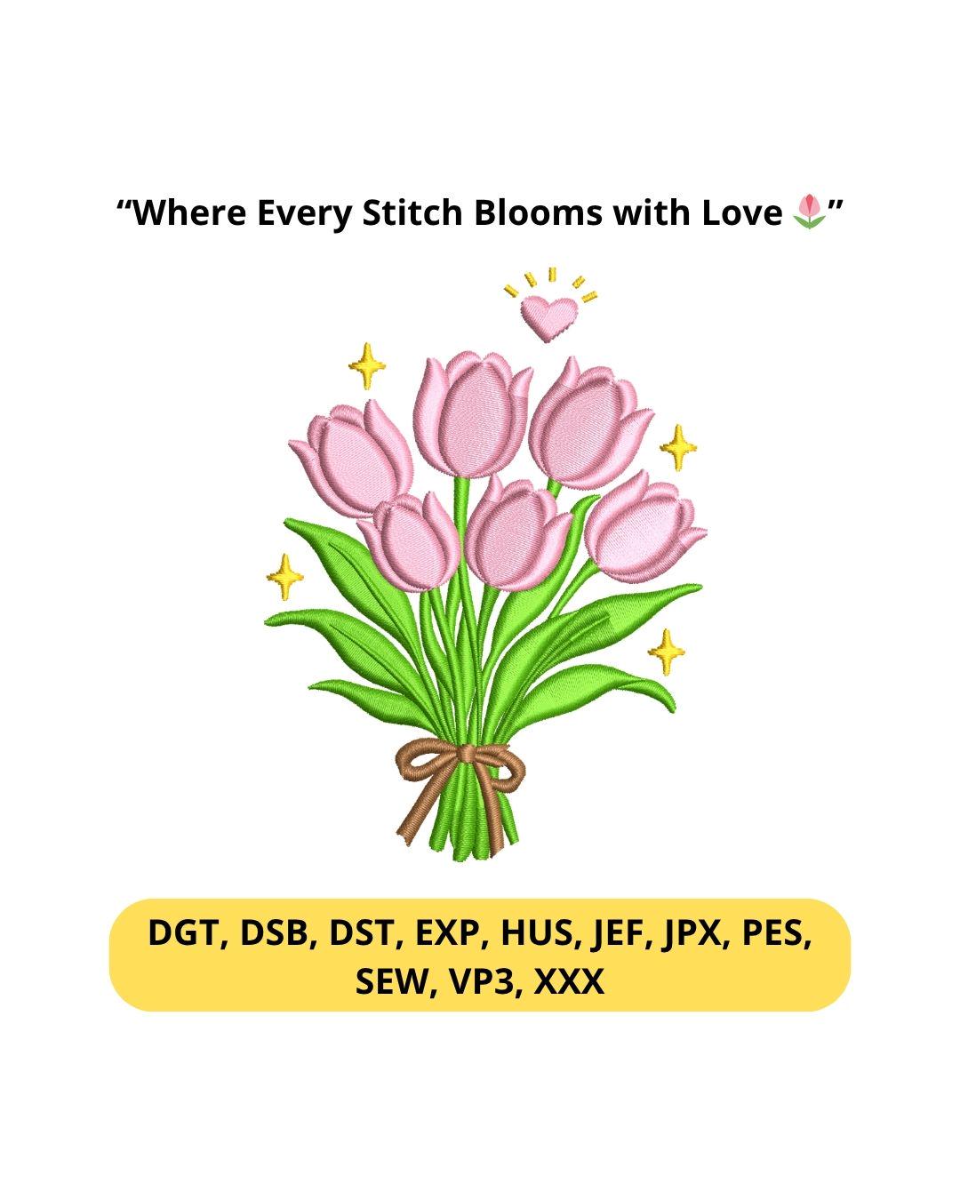 Pink Tulip Flower With Ribbon Embroidery Design for Mom Watercolor ...