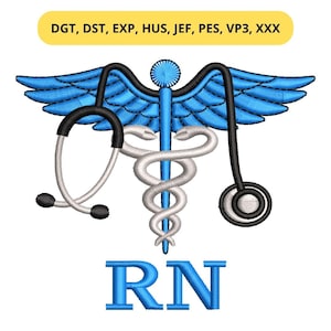 May include: Embroidered medical symbol with blue wings, a white caduceus, and a black and white stethoscope. The letters "RN" are embroidered in blue below the symbol. A yellow banner at the top reads "DGT, DST, EXP, HUS, JEF, PES, VP3, XXX".