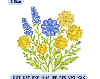 Buquê de flores silvestres, lavanda azul e margaridas amarelas, desenho de bordado para amante de jardins, estilo aquarela, arquivo para máquina.
