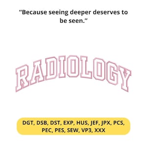 Puede incluir: Fondo blanco con la palabra "RADIOLOGY" en rosa, en forma de arco. Encima de la palabra está el texto "Because seeing deeper deserves to be seen." Debajo, una pancarta amarilla con abreviaturas de formatos de archivo.
