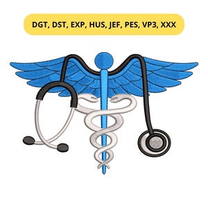 Peut inclure: Une broderie représentant un symbole de Caducée avec des ailes bleues, une tige centrale et un serpent blanc. Un stéthoscope est drapé sur le dessin. Le texte "DGT, DST, EXP, HUS, JEF, PES, VP3, XXX" est dans une bannière jaune.