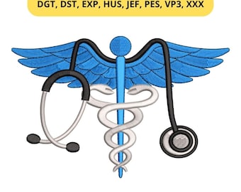 Arquivo de bordado Caduceu – Padrão de símbolo médico com estetoscópio, presente para profissional de saúde, download instantâneo