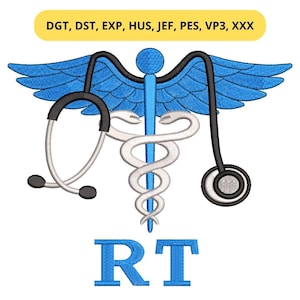 May include: A medical-themed design featuring a blue caduceus with a stethoscope and the letters "RT" in blue. The design includes a yellow banner with text. The image is on a white background.