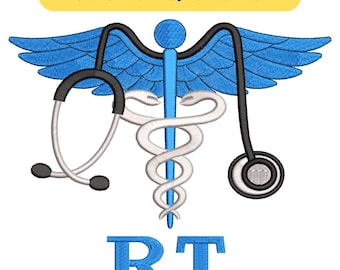 Arquivo de Bordado RT Caduceus – Emblema Médico para Terapeuta Respiratório, Padrão de Estetoscópio, Bordado à Máquina para a Área da Saúde