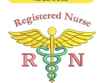 Desenho de bordado do Caduceu para Enfermeira Registrada – Arquivo de bordado à máquina com o símbolo RN